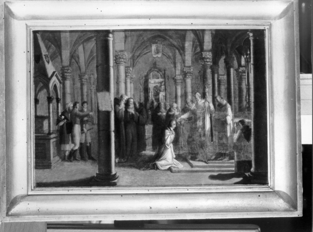 Chateaubriand nominato Cavaliere del Santo Sepolcro, René de Chateaubriand inginocchiato dinanzi a un vescovo (dipinto) di Ridolfi Michele (sec. XIX)