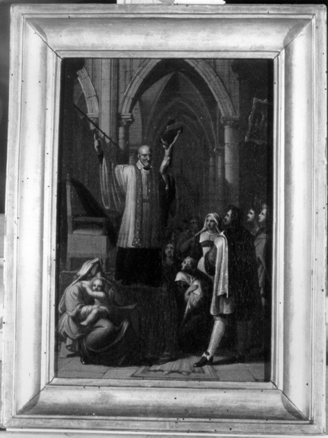 San Vincenzo de' Paoli predica la carità, Sacerdote che predica a una folla di umili e di gentiluomini (dipinto) di Ridolfi Michele (sec. XIX)