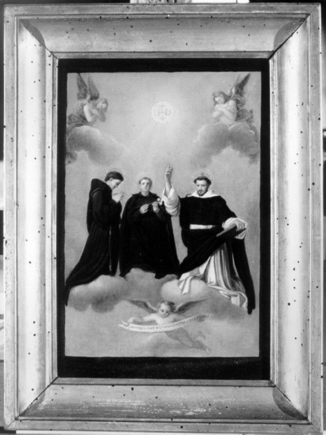 Santi in estasi sulle ali dell'Amor Divino, I santi Bernardino, Luigi Gonzaga e Domenico, su una nuvola (dipinto) di Ridolfi Michele (sec. XIX)