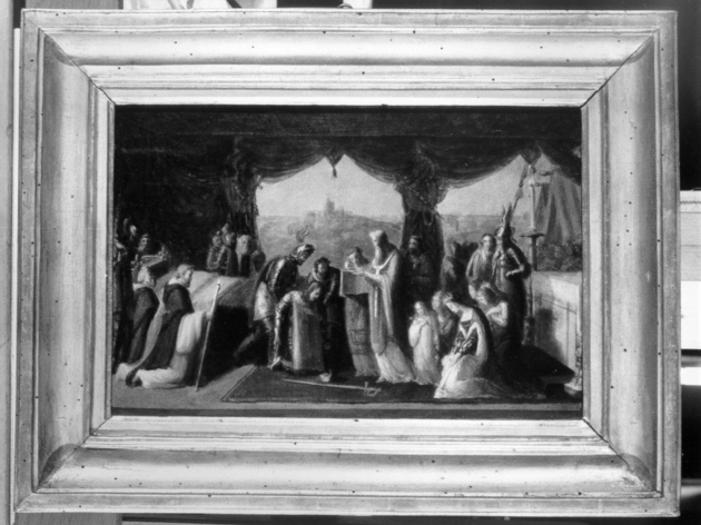 L'ultima comunione di San Luigi al campo dei crociati sotto Cartagine, San Luigi di Francia inginocchiato dinanzi a un sacerdote (dipinto) di Ridolfi Michele (sec. XIX)