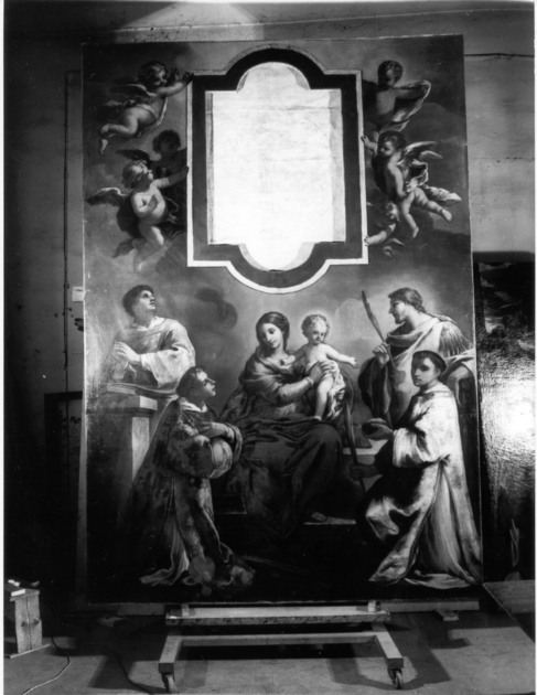 MADONNA CON BAMBINO E SANTO STEFANO, SAN LORENZO, SAN ROMANO, SAN VINCENZO (dipinto) di Marracci Giovanni (seconda metà sec. XVII)