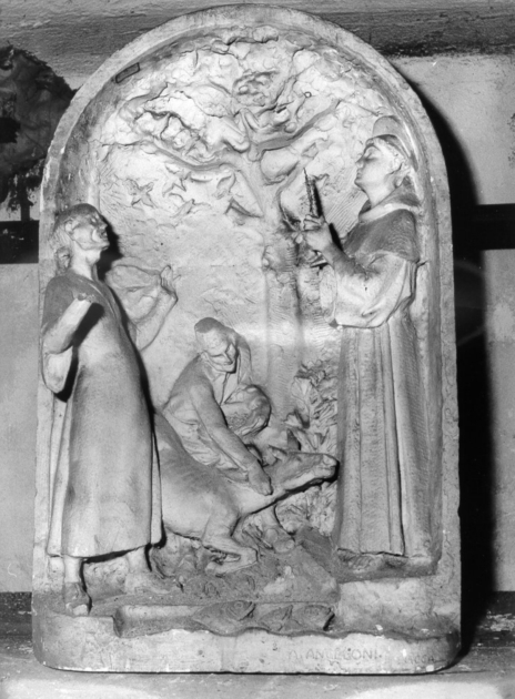 Sant'Antonio da Padova e il miracolo dell'asino (rilievo, opera isolata) di Angeloni Alfredo (sec. XX)