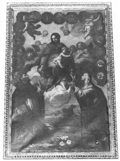 Madonna del Rosario con San Domenico e Santa Caterina e misteri del rosario (dipinto) di Mannucci Pier Filippo (sec. XVII)