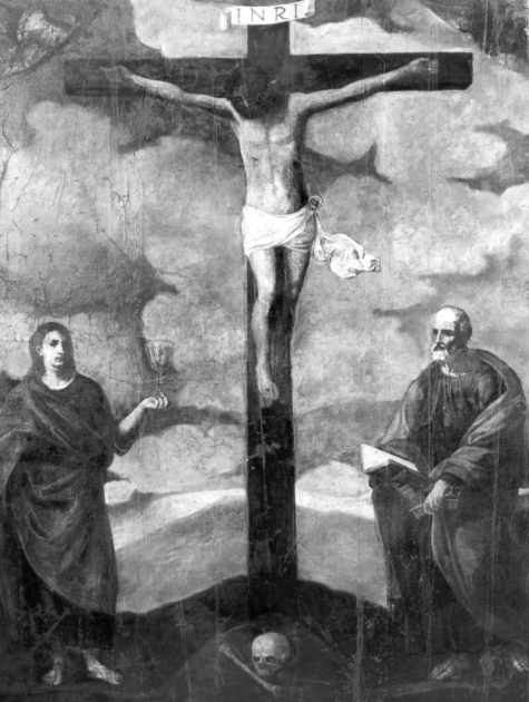 CRISTO CROCIFISSO CON SAN GIOVANNI E SAN PIETRO (dipinto) di Mannucci Pier Filippo (sec. XVII)