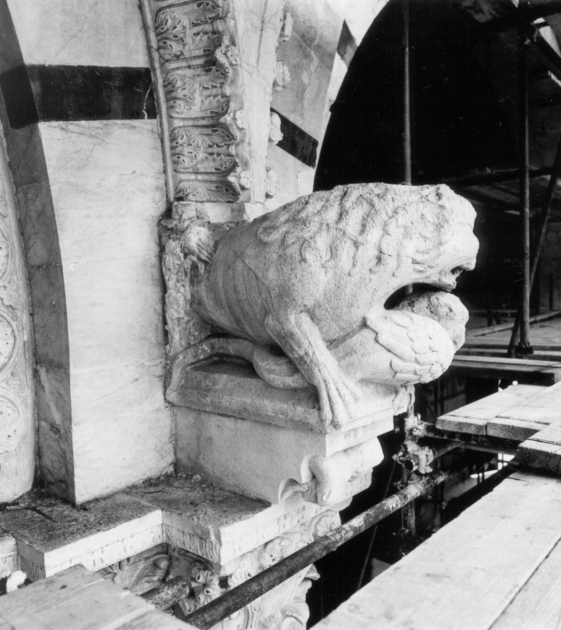 LEONE CHE ARTIGLIA UN DRAGO (scultura, elemento d'insieme) - bottega pugliese, bottega bizantina (prima metà sec. XII)