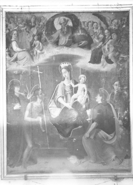 MADONNA CON BAMBINO CON SAN GIOVANNI BATTISTA, SAN GIOVANNI EVANGELISTA, DUE SANTI, DIO PADRE IN GLORIA DI ANGELI MUSICANTI (dipinto) di Guidi Giovanni (sec. XVI)