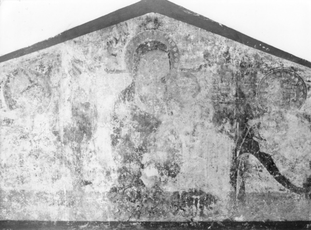 Madonna in trono acon Bambino, San Giovanni Evangelista e San Martino (?) vescovo (dipinto) di Traini Francesco (cerchia) (sec. XIV)