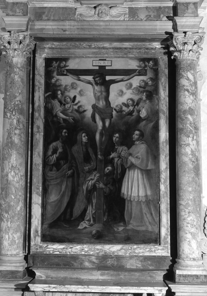 crocifissione di Cristo con la Madonna, San Giovanni Evangelista, San Carlo Borromeo e Santa (dipinto, opera isolata) di Curradi Francesco (prima metà sec. XVII)