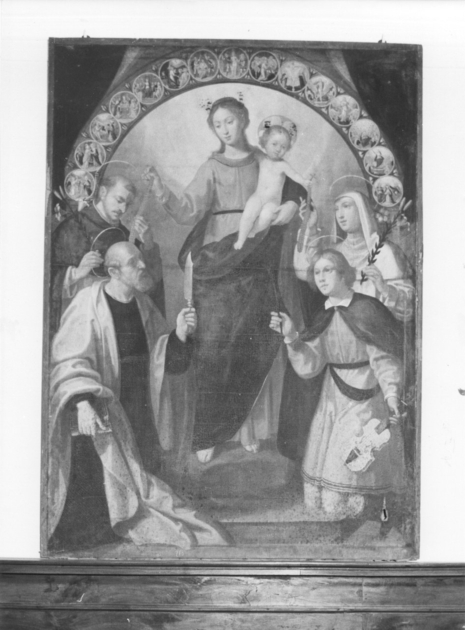Madonna del Rosario con Santi domenicani e misteri del rosario (dipinto) di Mannucci Pier Filippo (sec. XVII)