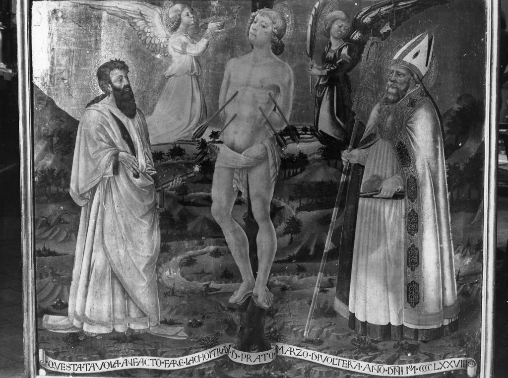 martirio di San Sebastiano fra San Bartolomeo e San Nicola da Bari (dipinto) di Neri di Bicci (sec. XV)
