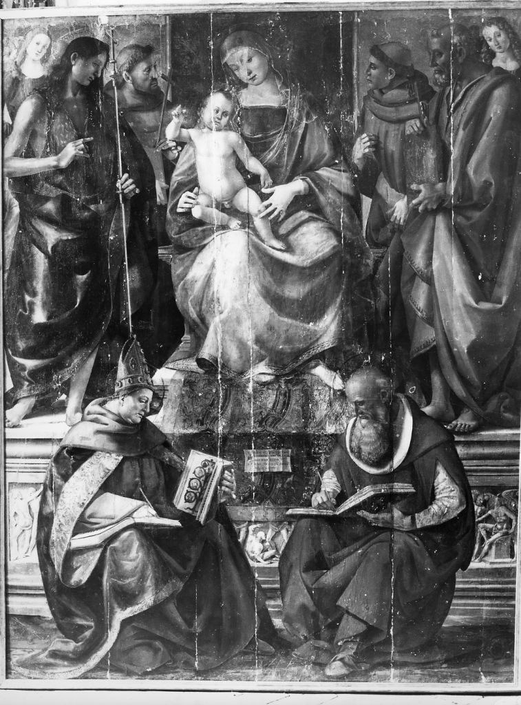 Madonna con Bambino tra San Giovanni Battista, San Francesco, Sant'Antonio, San Bonaventura e San Girolamo (dipinto) di Signorelli Luca (sec. XV)