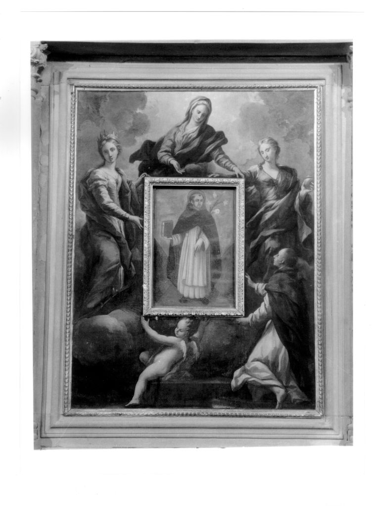 Sant'Antonio da Padova sorretto dalla Madonna, Santa Caterina, maria Maddalena, Santo(?), angelo (dipinto) - ambito fiorentino (metà sec. XVII)
