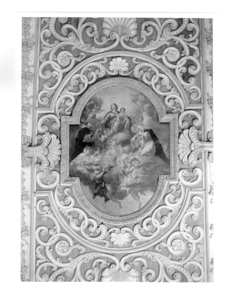 MADONNA DEL ROSARIO TRA ANGELI E SANTI (dipinto) - ambito italiano (metà sec. XVII)