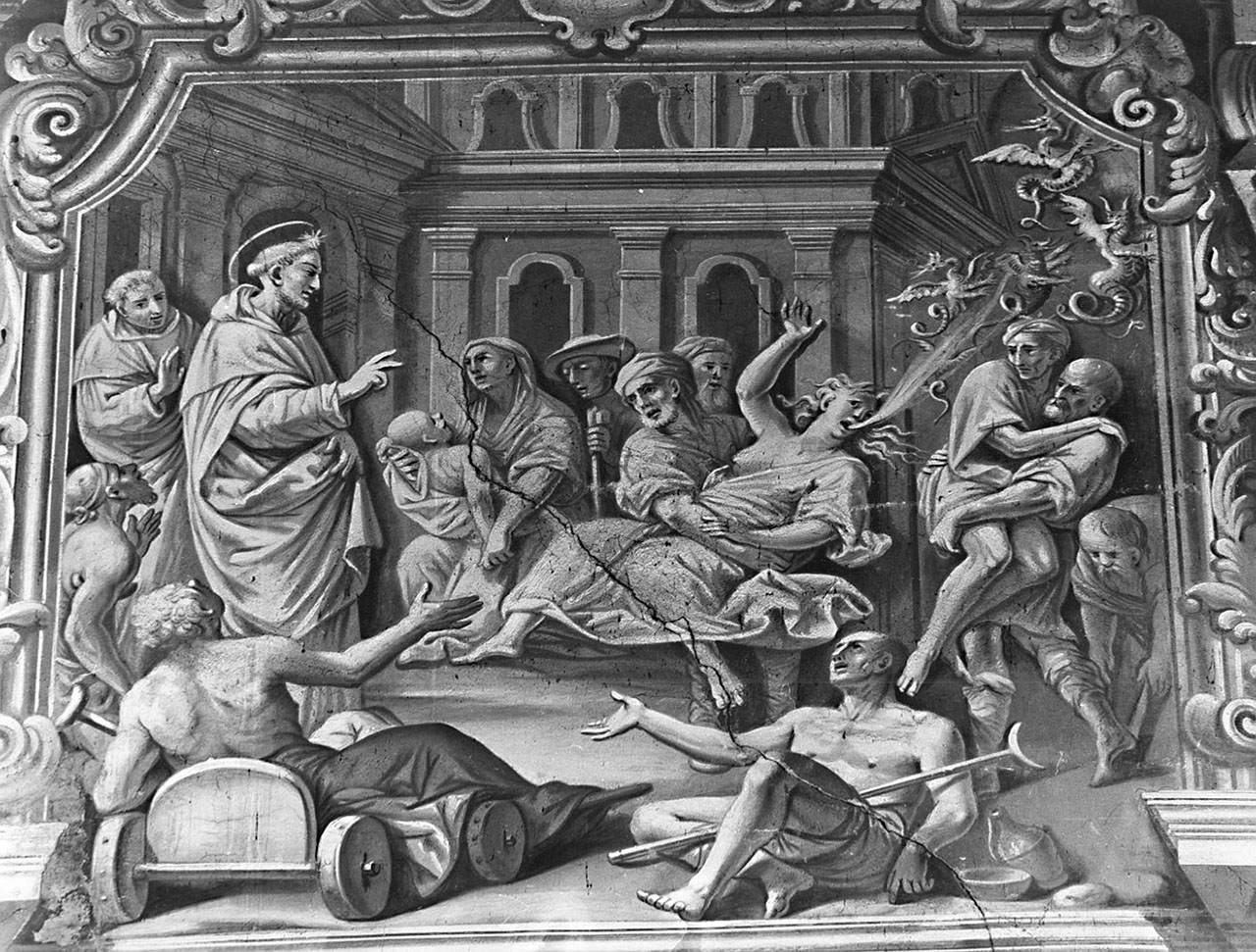 SAN DOMENICO GUARISCE GLI INFERMI (dipinto) di Bamberini Anton Domenico (prima metà sec. XVIII)
