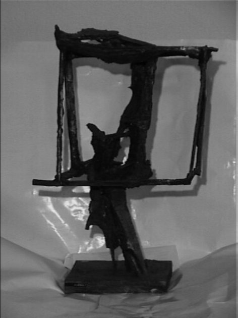ECO 2, FIGURA IN PIEDI ENTRO STRUTTURA LINEARE (scultura) di Garelli Franco (sec. XX)