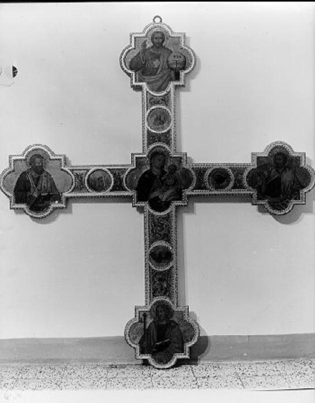 Cristo Redentore, Madonna con Bambino, San Pietro, San Giovanni Battista, San Giacomo (croce dipinta) di Falconi Bernardo di Nello di Giovanni (fine sec. XIV, sec. XIX)