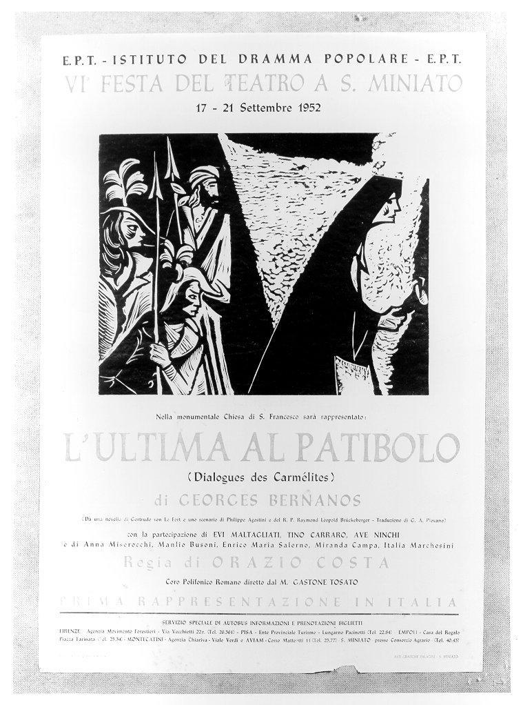 TRE FIGURE CON LANCE E DONNA CON VELO NERO (manifesto) di Parigi Pietro (sec. XX)