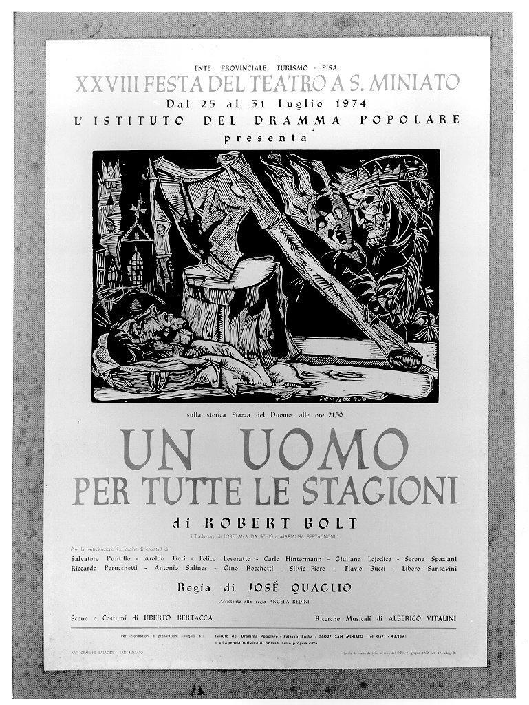 testa di uomo in una cesta, tronco con ascia, re (manifesto) di Lotti Dilvo (sec. XX)