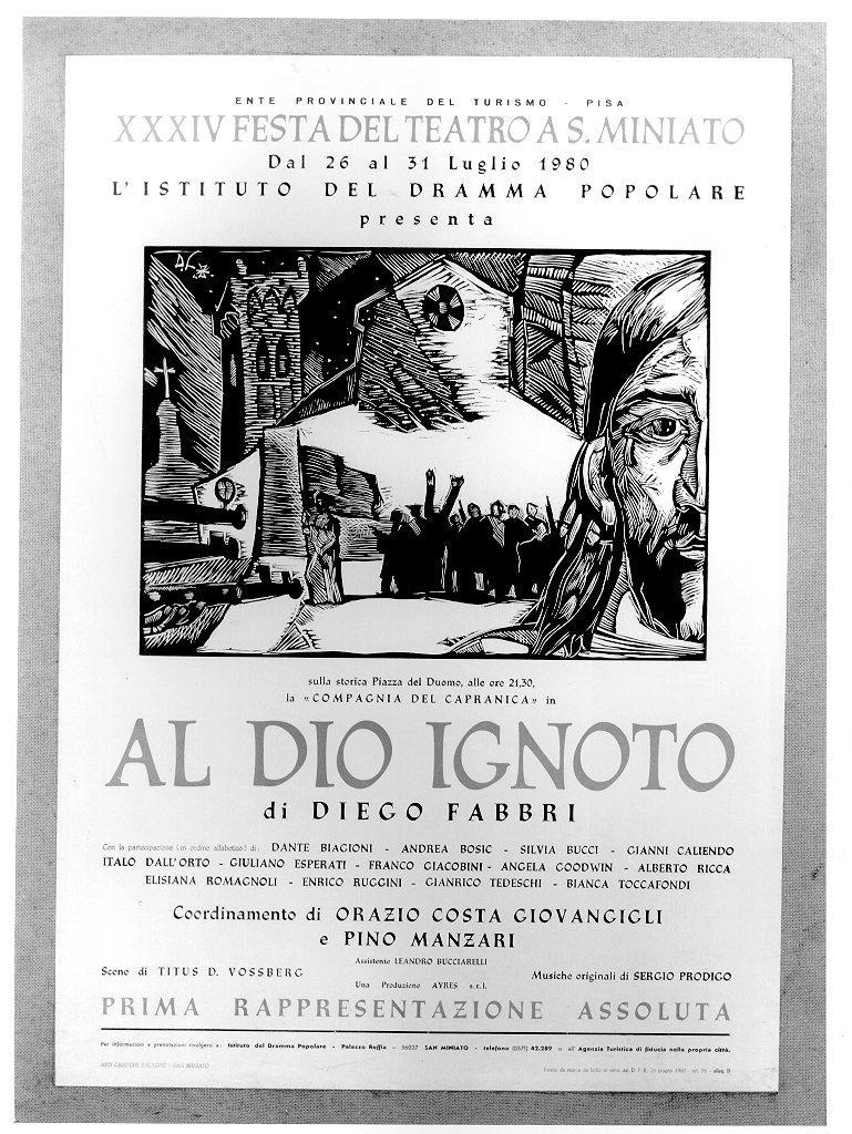 ELEMENTI ARCHITETTONICI, FIGURE ARMATE, VOLTO DI CRISTO (manifesto) di Lotti Dilvo (sec. XX)