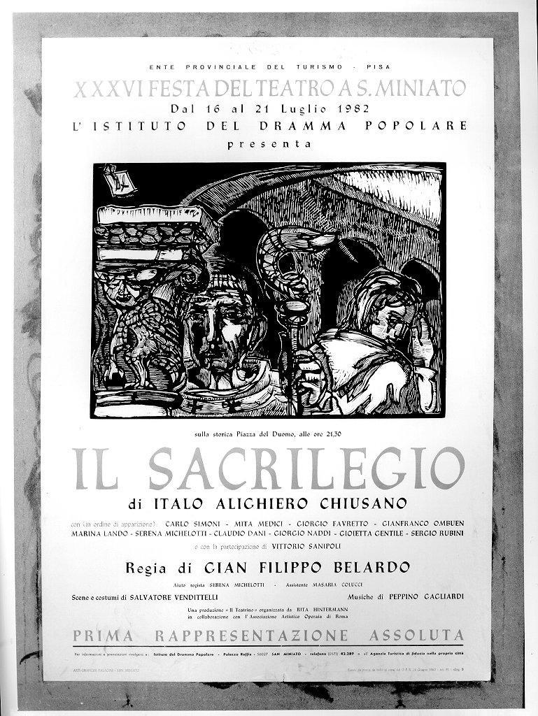 ECCLESIASTICO CON PASTORALE ZOOMORFO, FIGURA MASCHILE E CAPITELLO (manifesto) di Lotti Dilvo (sec. XX)