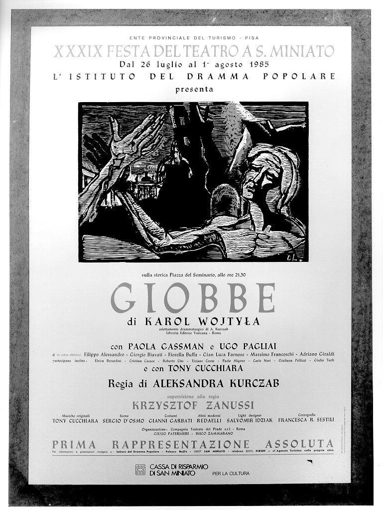 figura maschuile con braccio alzato su fondo di rocce e architetture (manifesto) di Lotti Dilvo (sec. XX)