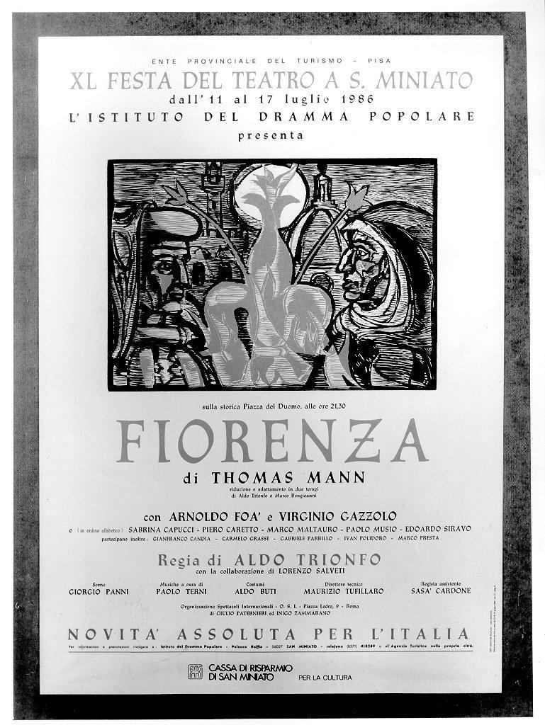 DANTE E SAVONAROLA SEPARATI DAL GIGLIO FIORENTINO (manifesto) di Lotti Dilvo (sec. XX)