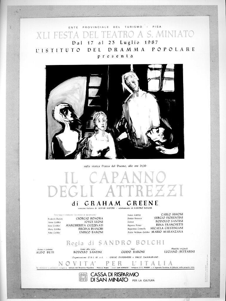 interno con figure e frate (manifesto) di Lotti Dilvo (sec. XX)