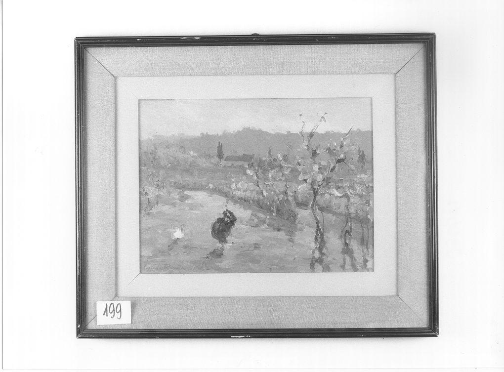 PAESAGGIO CON FILARI DI VITI E TACCHINO (dipinto) di Roma Cosimo (prima metà sec. XX)