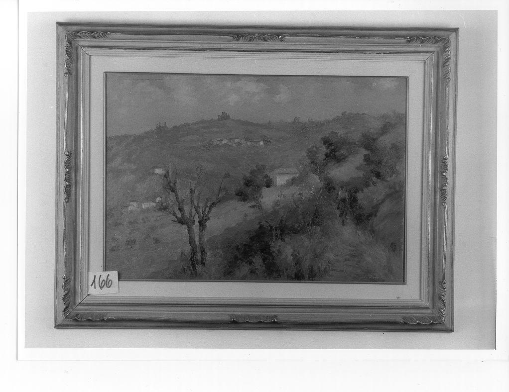 PAESAGGIO COLLINARE CON GIOVANE A CAVALLO (dipinto) di Roma Cosimo (metà sec. XX)