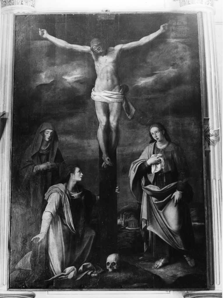 Cristo crocifisso con la Madonna, San Giovanni Battista e San Maria Maddalena (dipinto) di Lomi Baccio (sec. XVI)