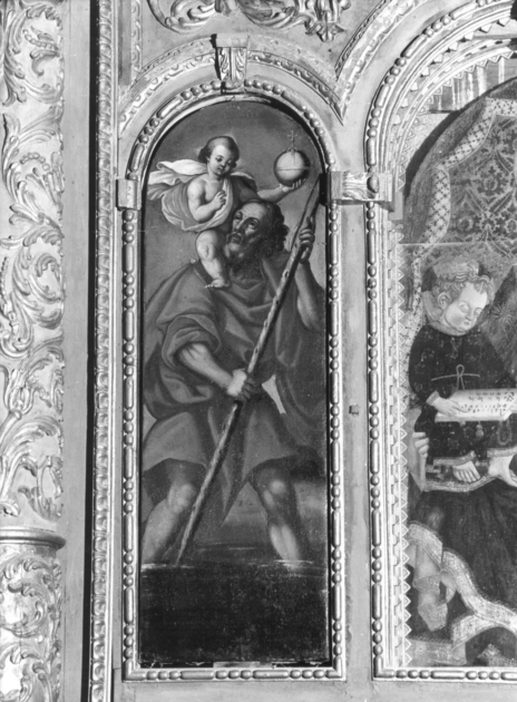 San Cristoforo guada il fiume con Gesù Bambino sulle spalle (dipinto) - ambito toscano (sec. XVII)