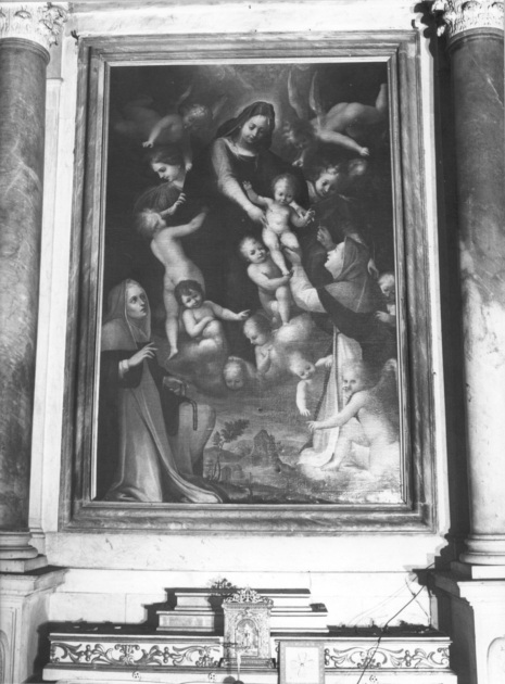 Madonna con Bambino e altri personaggi (dipinto) di Guidotti Paolo detto Cavalier Borghese (sec. XVII)