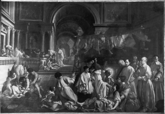 beato Bernardo Tolomei assiste gli appestati (dipinto) di Lombardi Giovanni Domenico detto Omino (sec. XVIII)