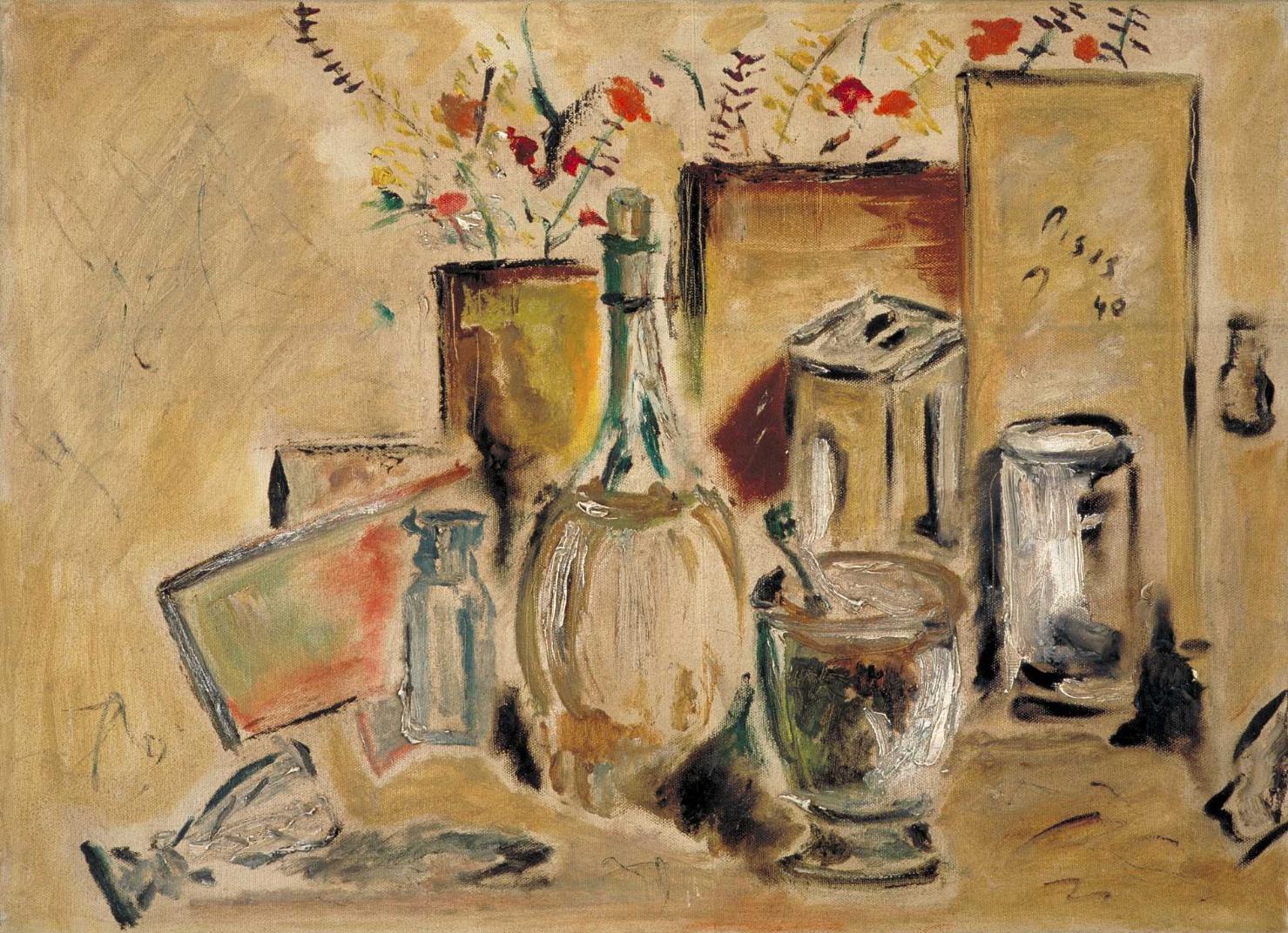 Interno con natura morta, natura morta (dipinto, opera isolata) di Tibertelli Luigi detto Filippo de Pisis (sec. XX)