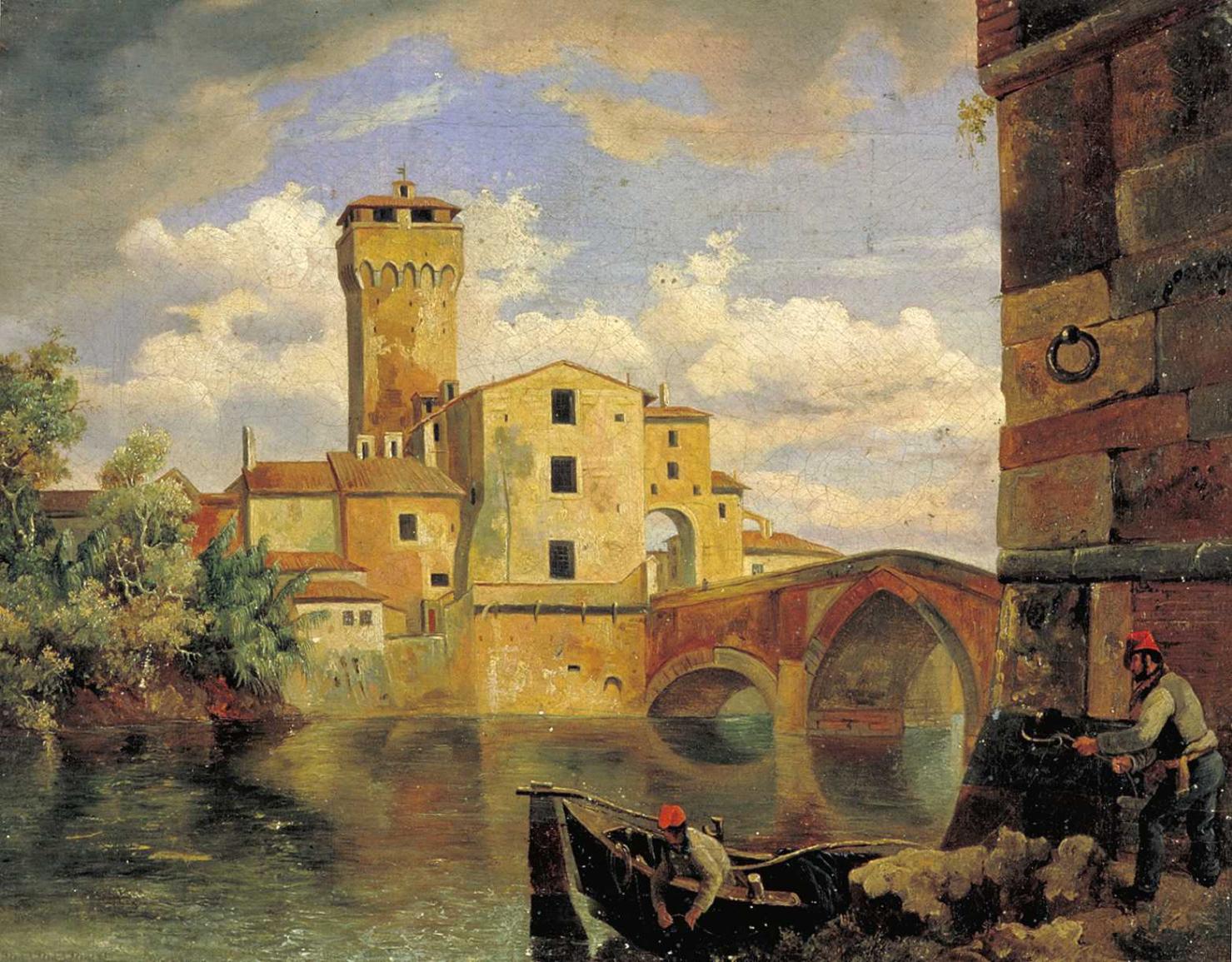 Paesaggio sull'Arno, veduta con l'Arno e il ponte della Cittadella a Pisa (dipinto, opera isolata) - ambito toscano (seconda metà sec. XIX)