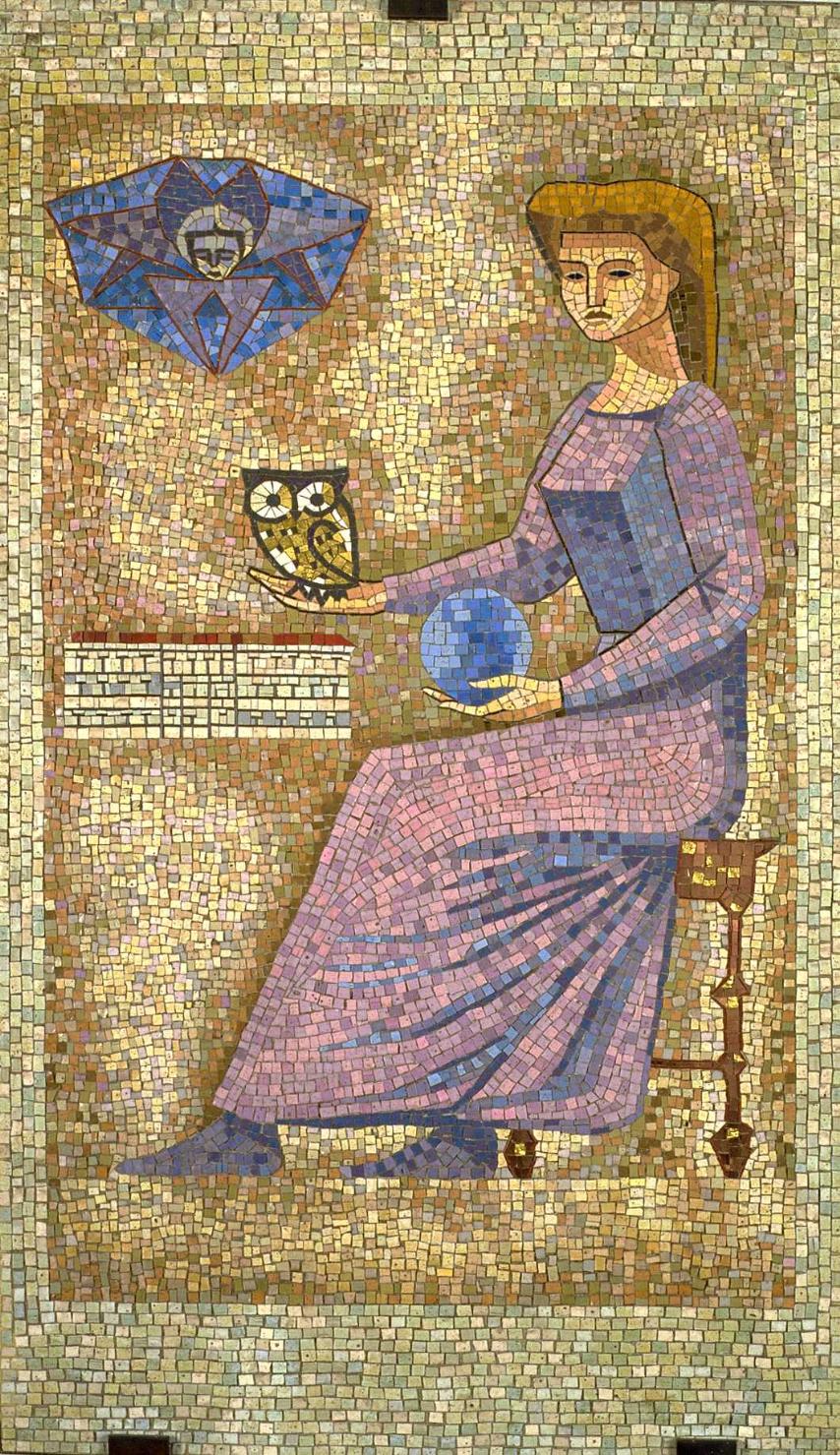 L'Università, figura femminile (decorazione musiva, serie) di Rosi Mino (sec. XX)