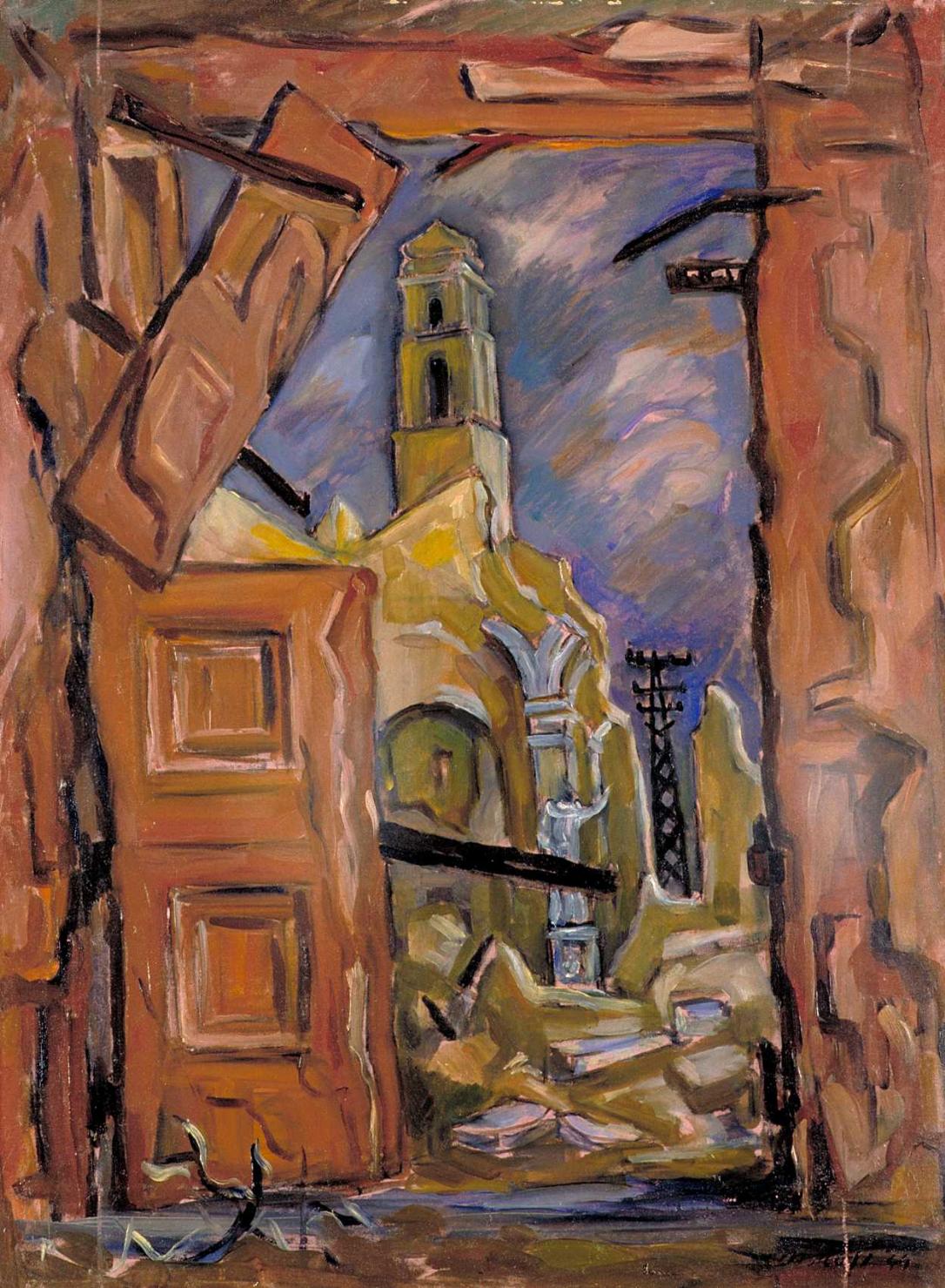 Ingresso della chiesa di S. Antonio (dipinto, opera isolata) di Rosi Mino (sec. XX)