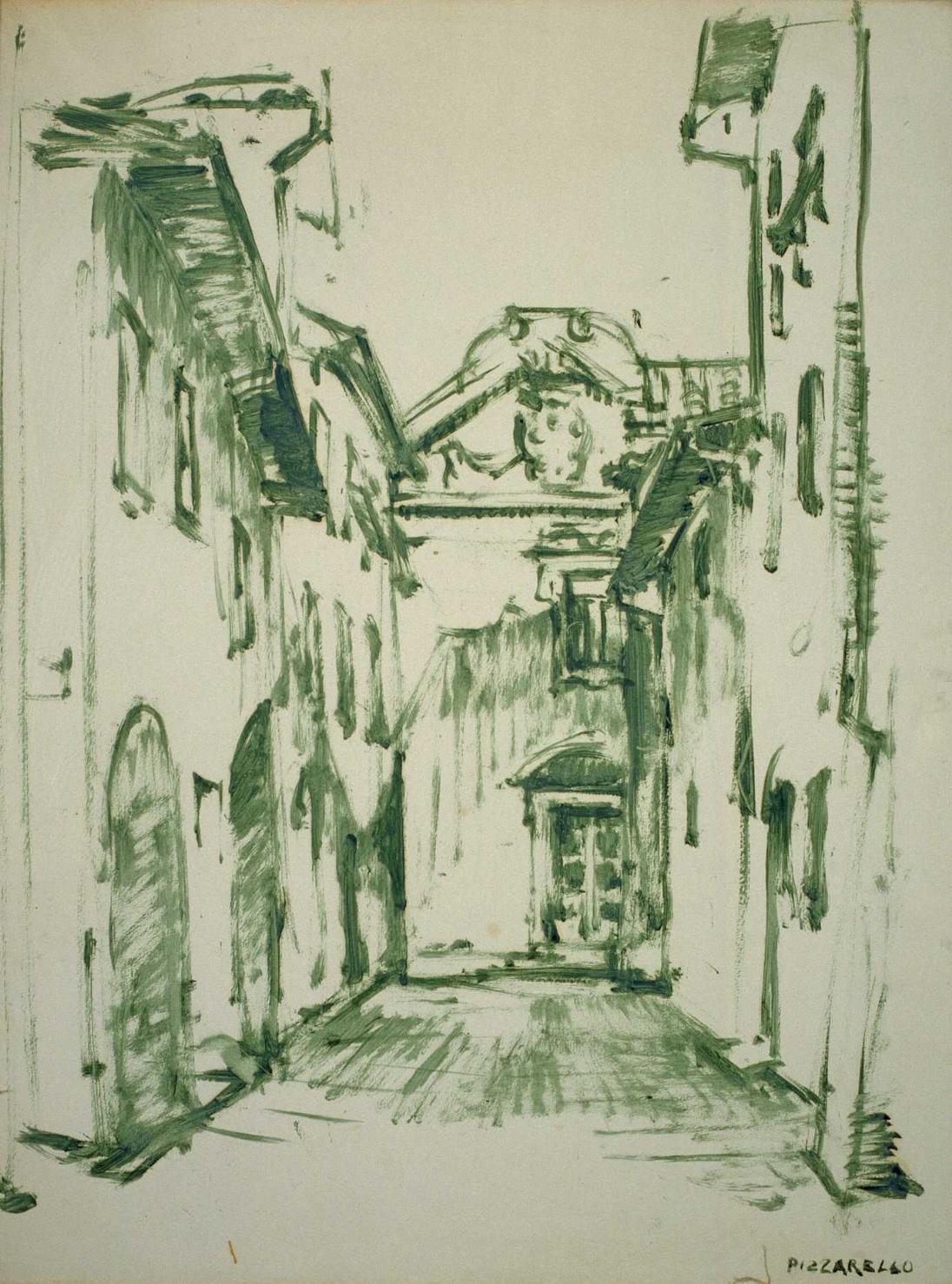 Via S. Bernardo e la chiesa di Giovanni de' Fieri, veduta di via S. Bernardo con la chiesa di S. Giovanni de' Fieri a Pisa (dipinto, opera isolata) - ambito italiano (metà sec. XX)