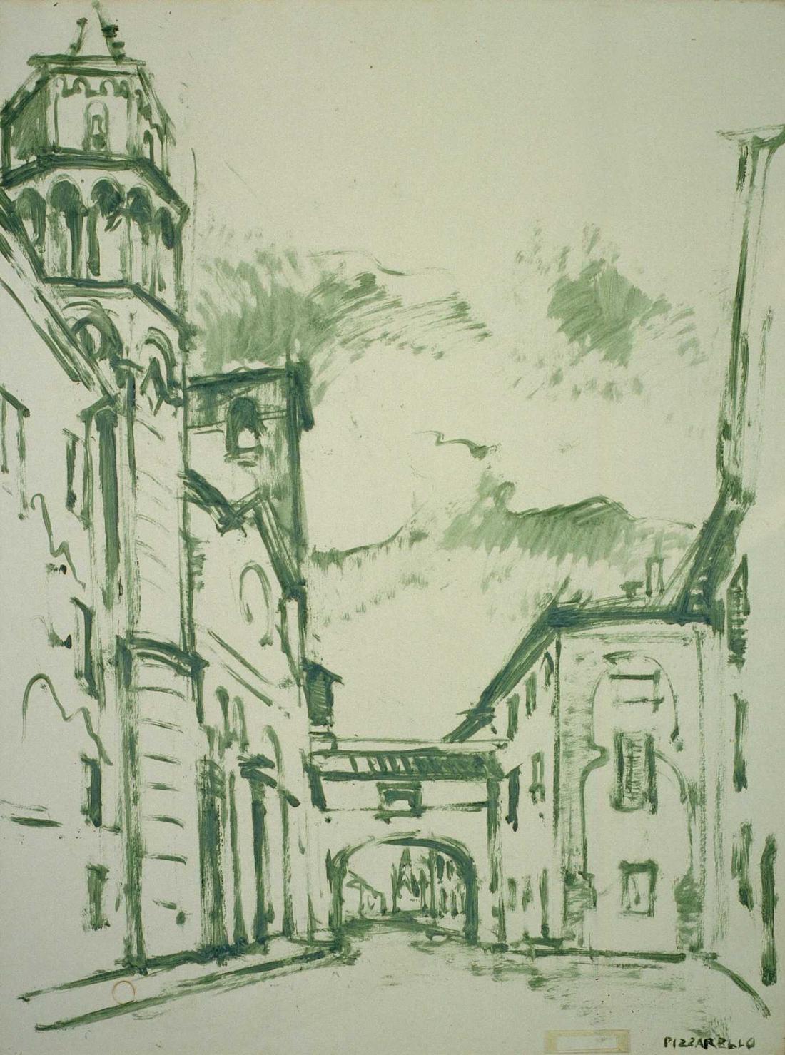 Chiesa di S. Nicola, veduta di via S. Maria a Pisa con la chiesa di S. Nicola (dipinto, opera isolata) - ambito italiano (metà sec. XX)