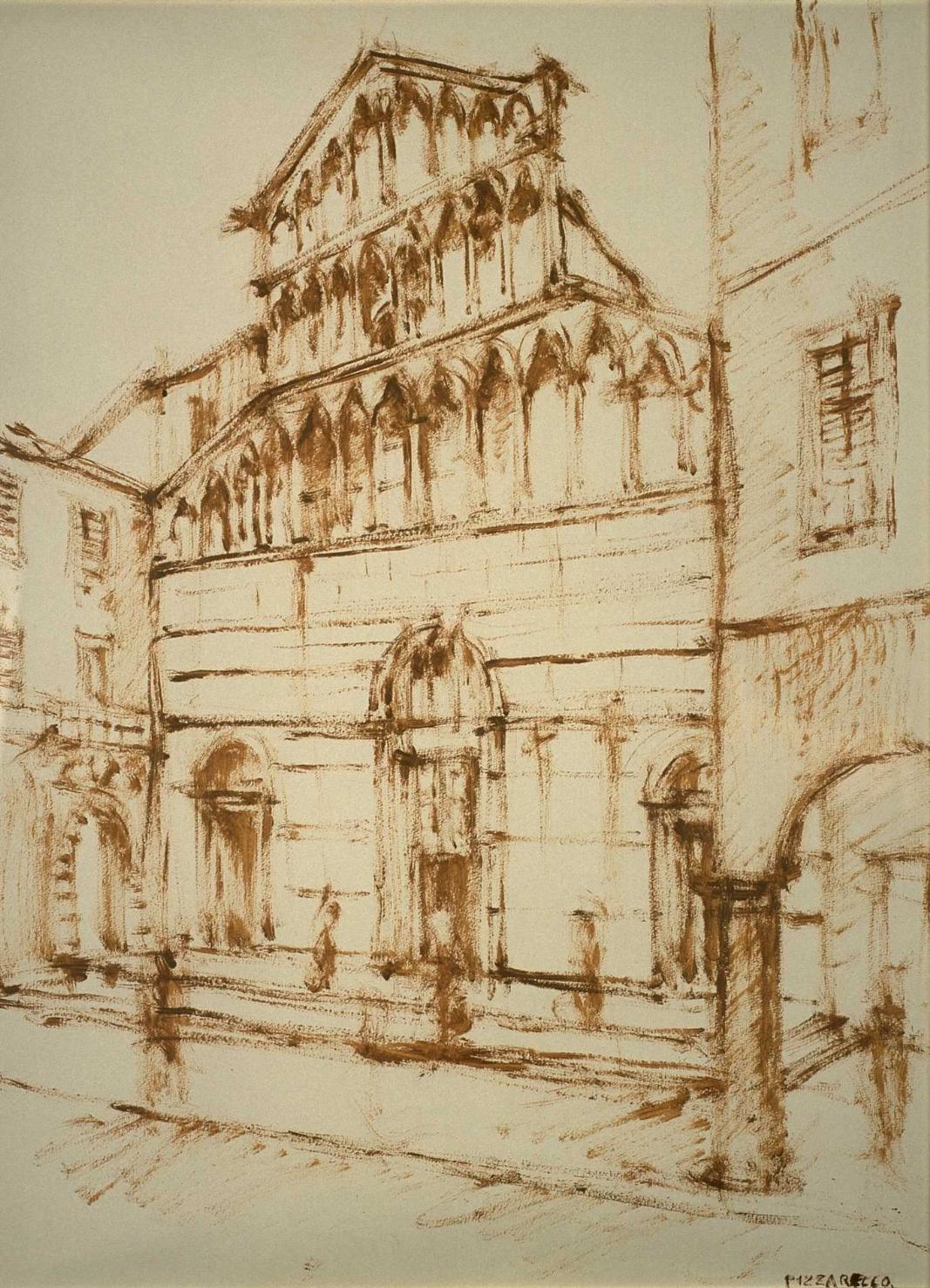 Chiesa di S. Michele in Borgo, veduta della chiesa di San Michele in Borgo a Pisa (dipinto, opera isolata) - ambito italiano (sec. XX)