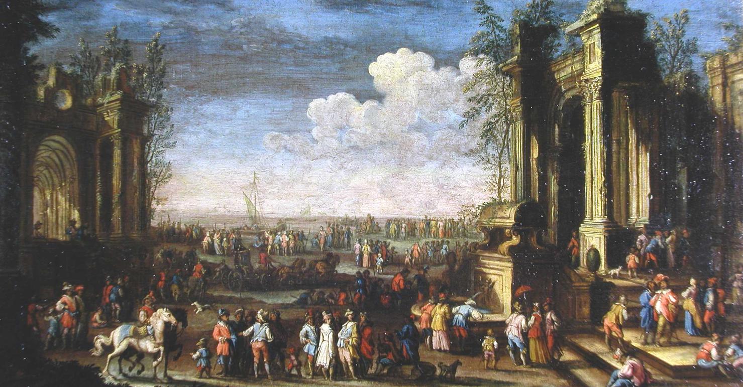 Capriccio con rovine e figure lungo la costa, veduta (dipinto, opera isolata) - ambito toscano (prima metà sec. XVIII)