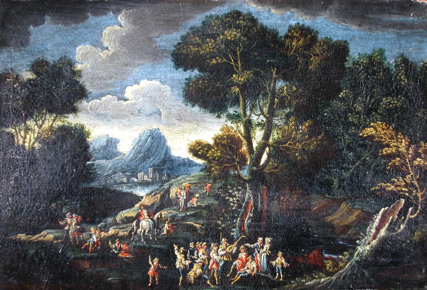 Paesaggio con musicanti e figure, veduta (dipinto, opera isolata) - ambito toscano (prima metà sec. XVIII)