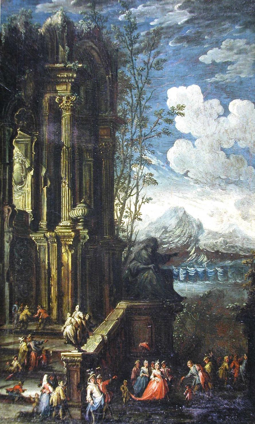 Capriccio con rovine e scena galante, veduta (dipinto, opera isolata) - ambito toscano (prima metà sec. XVIII)