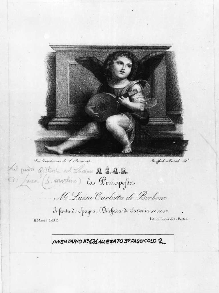 angelo musicante con liuto (stampa) di Marsili Raffaele, Bartolomeo della Porta detto Fra' Bartolomeo (sec. XIX)