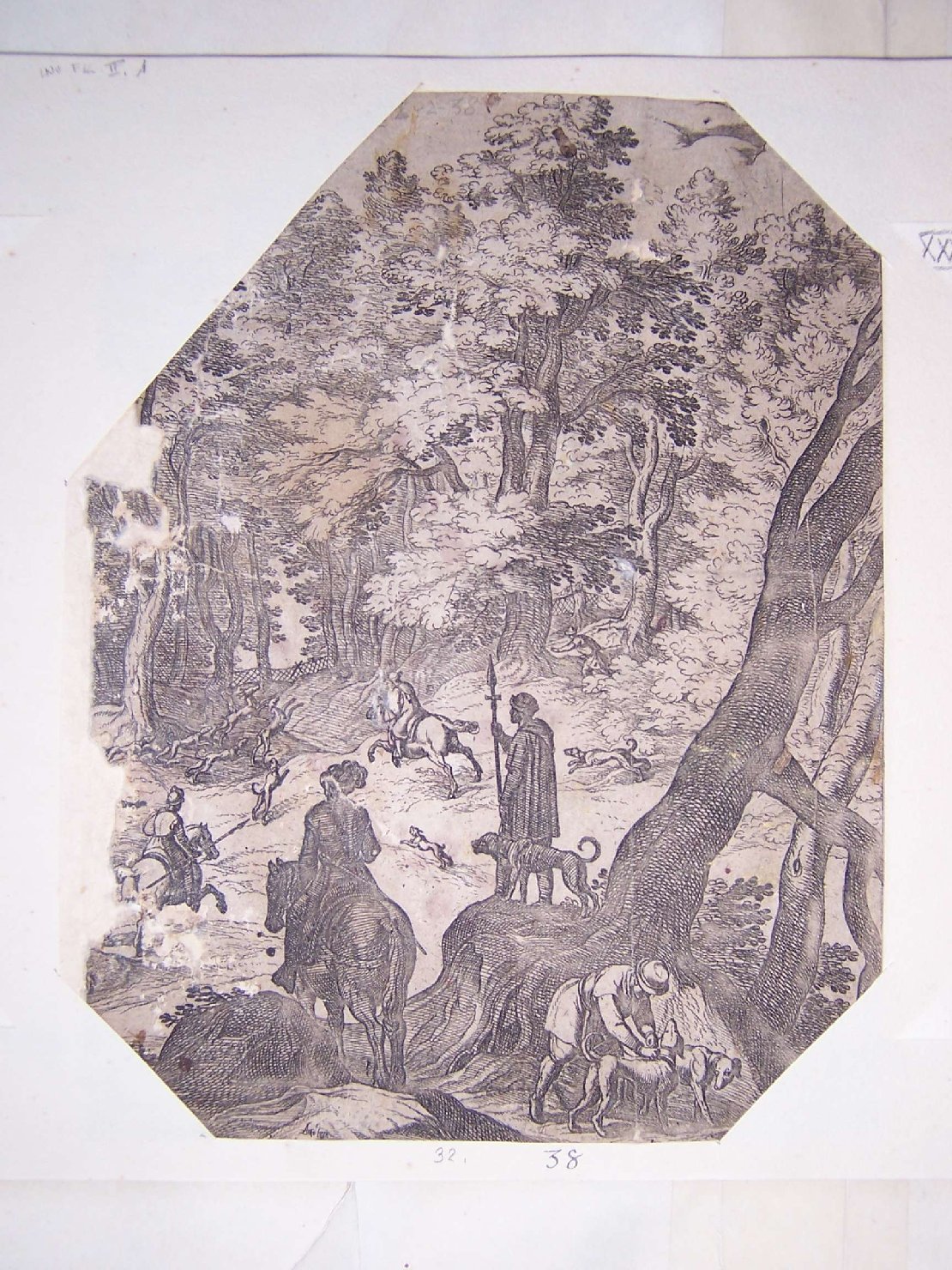 caccia al cervo (stampa, frammento) - ambito europeo (sec. XVII)