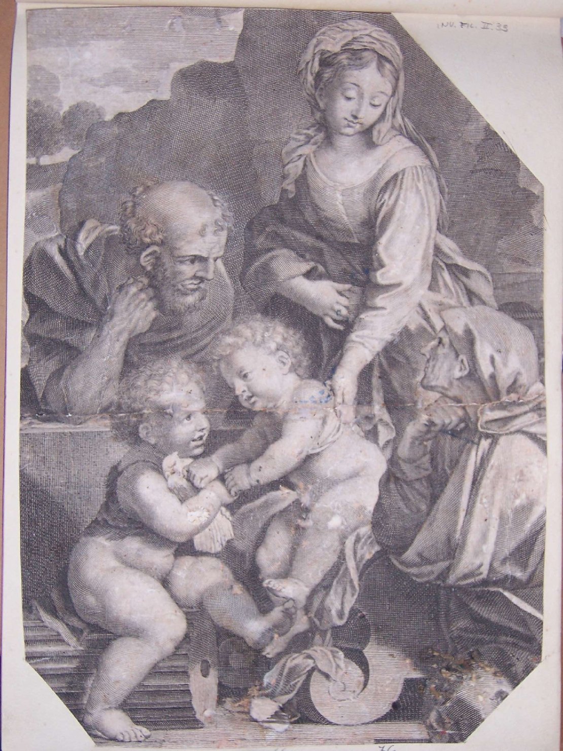 Sacra Famiglia con Sant'Anna e San Giovanni Battista bambino (stampa) - ambito italiano (sec. XVII)