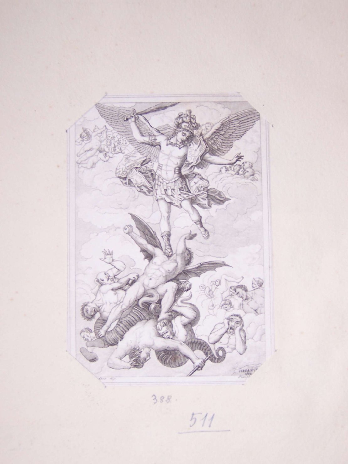 San Michele Arcangelo scaccia gli angeli ribelli dal paradiso (stampa) di Giordano Luca, Slanghi (sec. XIX)