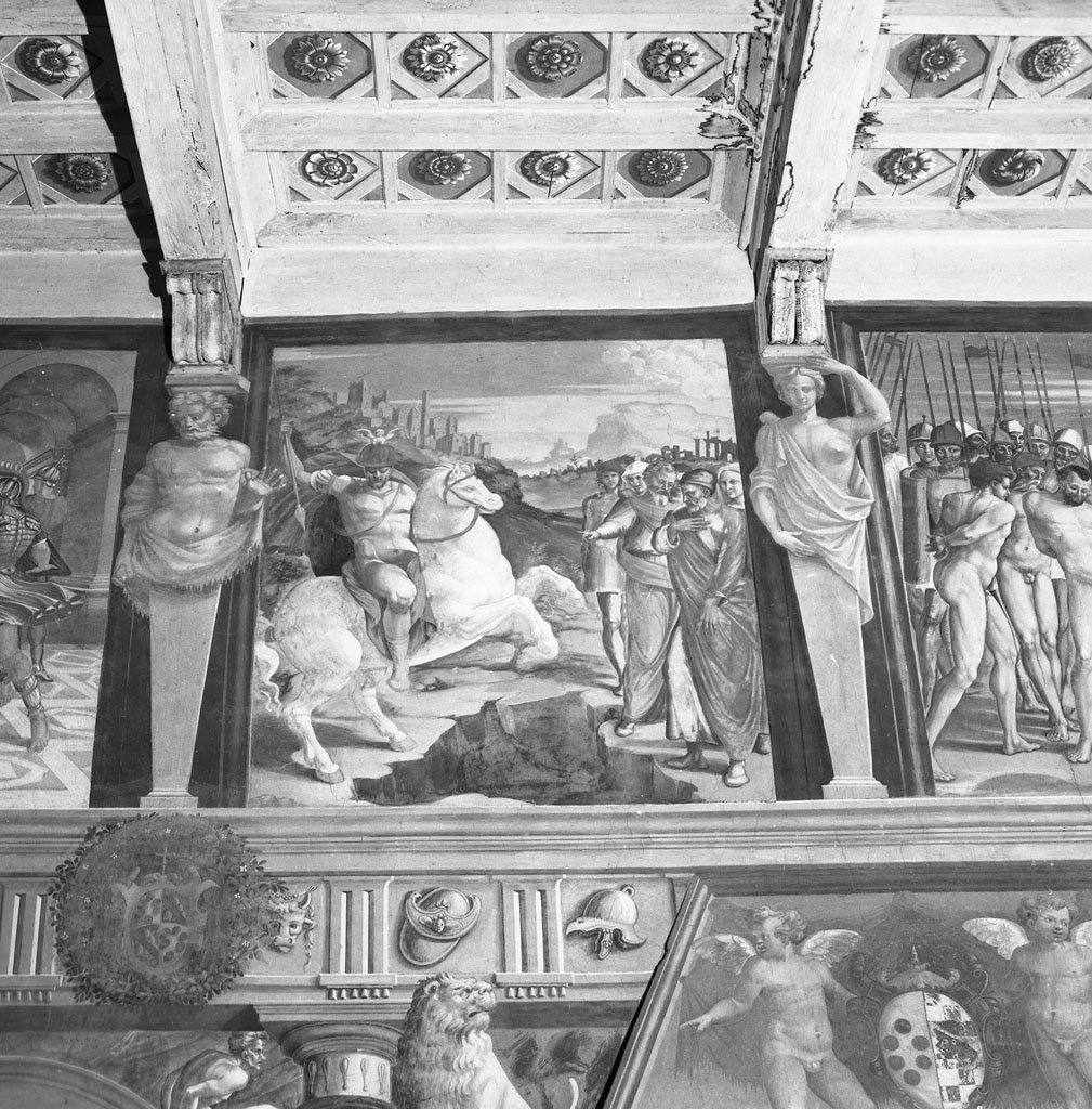 Marco Curzio si getta in una voragine nel Foro Romano (dipinto, ciclo) di Bernabei Tommaso detto Papacello (sec. XVI)