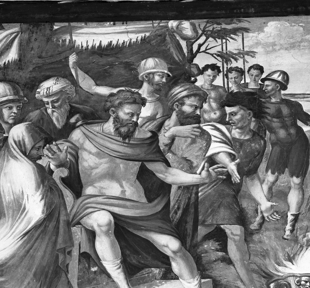 Muzio Scevola si lascia bruciare la mano (dipinto, ciclo) di Bernabei Tommaso detto Papacello (sec. XVI)