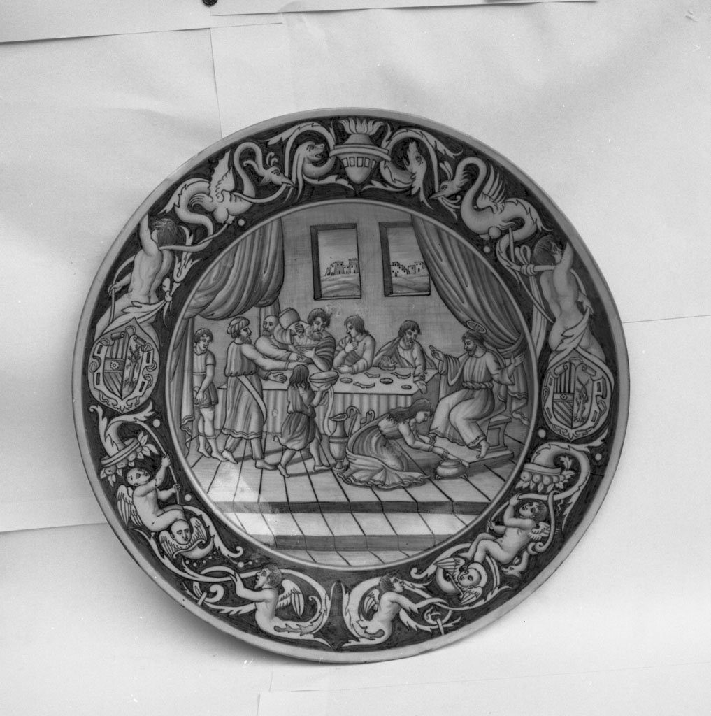 Cristo lava i piedi degli apostoli (piatto da pompa, opera isolata) - bottega pesarese (fine sec. XIX)